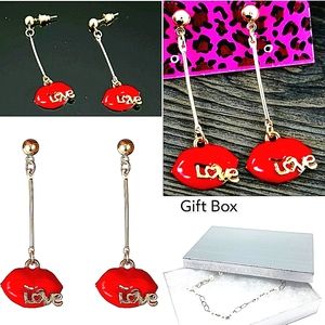 Gold red crystal love lips drop earrings with silver post
